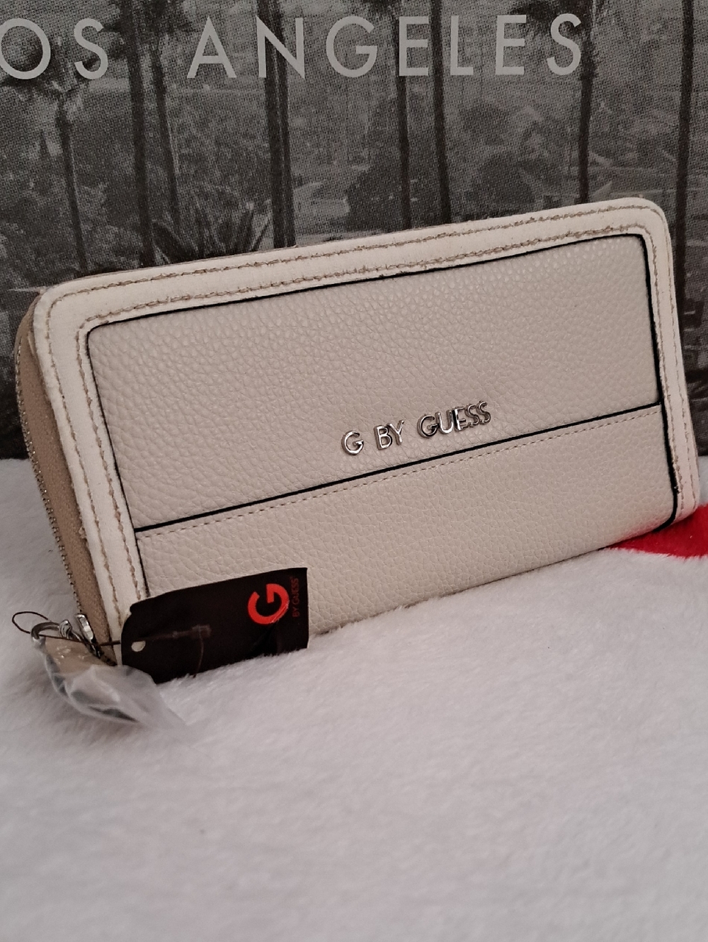 G by Guess Cream Pebbled Zip-Around Wallet with Black Trim